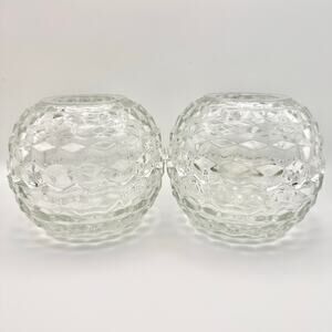 Vintage Homco USA Cubist Clear Faceted Set 2 Glass Fairy Lamps Orb Ball Fostoria